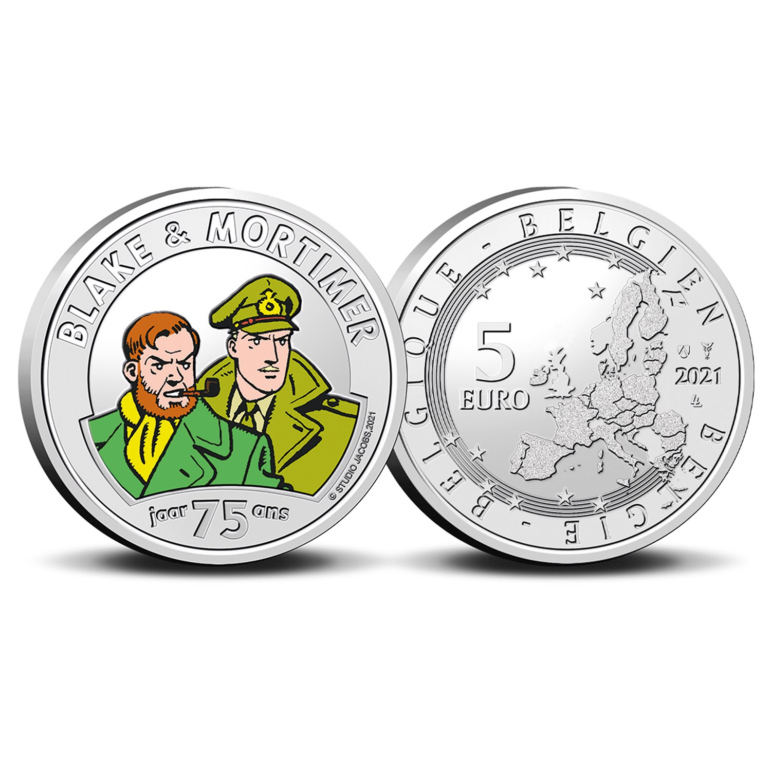 5 euromunt België 2021 75 jaar Blake en Mortimer kleur BU in coincard